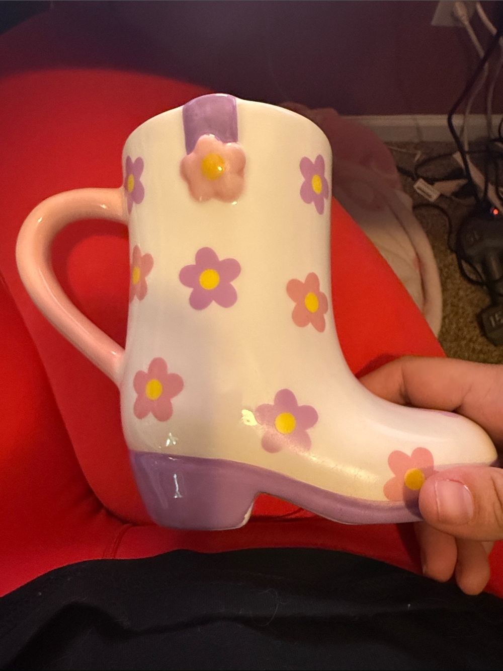 Floral Boot-Shaped Ceramic Mug in Pink and Purple